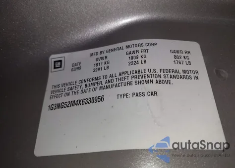 1999 Oldsmobile Cutlass Gls z USA, uszkodzony, nr VIN 1G3NG52M4X6330956